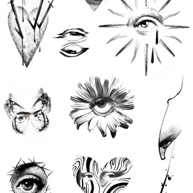 Available eye flash tattoo designs featuring surreal, botanical, abstract, and fine line eye illustrations in black and grey.
